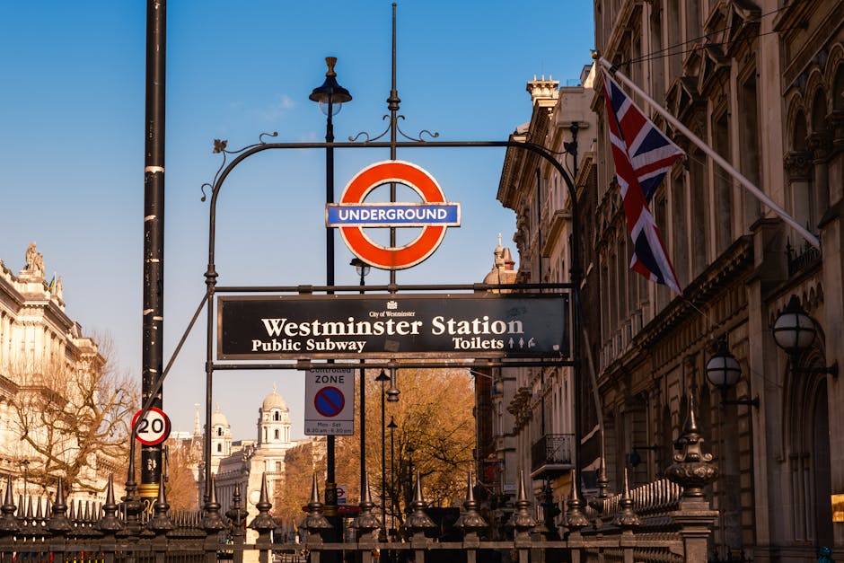 A clear daytime view of the entrance to Westminster Station, featuring the iconic London Underground roundel sign with a blue bar marked 'Underground' in white. Below the roundel, a black rectangular sign displays the station name 'Westminster Station' along with information about the public subway and toilets. The station sign is mounted on a black metal frame attached to a lamppost, beside historic ornate buildings with stone facades and decorative window surrounds. A Union Jack flag hangs from a pole on the building to the right, and a red-and-white no-parking zone sign with a 20 mph speed limit is visible on the lamppost. The scene is well-lit with natural daylight, and the background features trees with some leaves still on their branches, indicating a transitional season. This image reflects typical urban surroundings near a key London transportation hub, relevant for discussing house removals or moving logistics in Westminster, London, as handled by professionals like Westminster Man and Van.